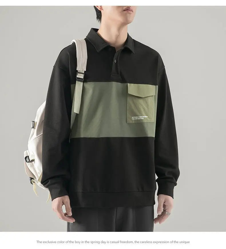 New polo shirt men's contrast color lapel spliced long sleeve t-shirt japanese large size loose sweatshirt bottoming shirt tops Street King Limited