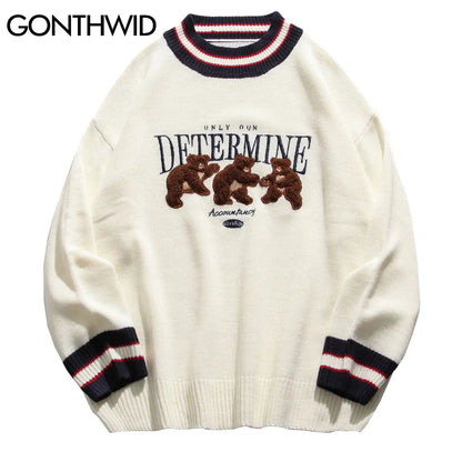 GONTHWID Bear Patchwork Striped Knitted Jumpers Sweaters Streetwear Hip Hop Harajuku Casual Pullover knitwear Mens Fashion Tops Street King Limited