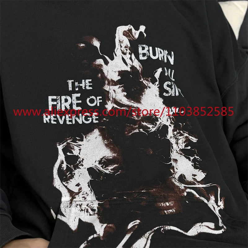 Autumn New 2024 Vintage American Long sleeved Hoodie Men's Heavyweight Flame Print High Street Tops Oversize Trendy Fashion Street King Limited