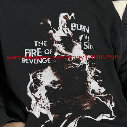 Autumn New 2024 Vintage American Long sleeved Hoodie Men's Heavyweight Flame Print High Street Tops Oversize Trendy Fashion Street King Limited