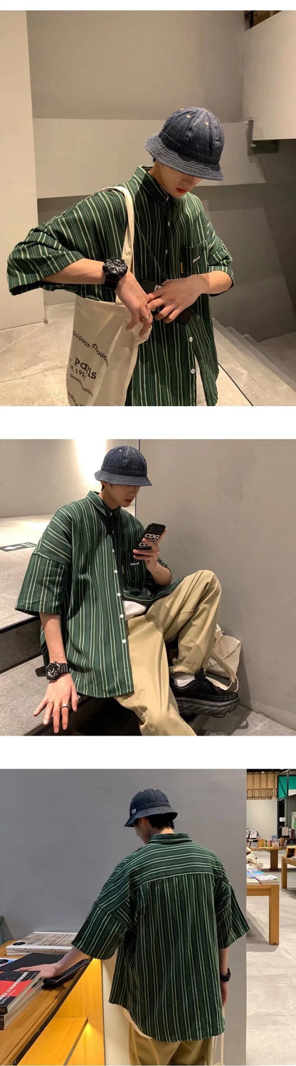 Streetwear Summer Mens Vintage Striped Shirts Letter Print Short Sleeve Casual T 2024 Summer Mens Vintage Striped Shirts Letter Print Short Sleeve Casual T Shirt Clothing Y2K Streetwear Loose Social Camisas Fashion Sweater Jacket With Graphic Design For Men