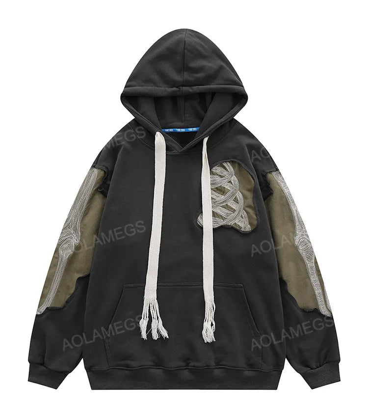 Aolamegs Men Streetwear Hip Hop Hoodie Funny Skull Ripped Patchwork Embroidery Long Sleeves Pullover Autumn Casual Harajuku Tops Street King Limited
