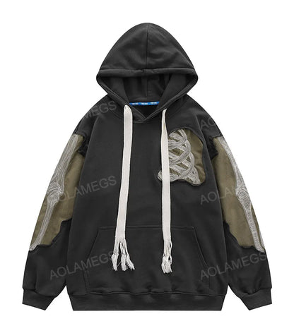 Aolamegs Men Streetwear Hip Hop Hoodie Funny Skull Ripped Patchwork Embroidery Long Sleeves Pullover Autumn Casual Harajuku Tops Street King Limited