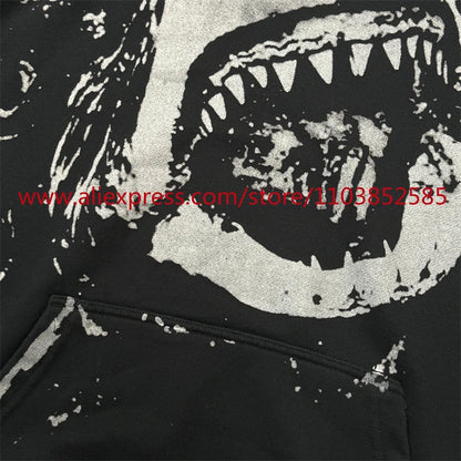 Autumn and Winter New Vintage Men's Hoodie Long Sleeve Hoodie American Heavy Weight Oversize High Street Jaws Cartoon Print Tops Street King Limited