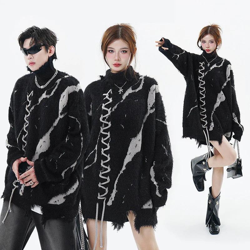 Distressed Splicing Turtleneck Sweaters Men Women Pullover Knit Sweater Jumper Fall Winter Hip Hop Streetwear Black Sweater Y2K Street King Limited