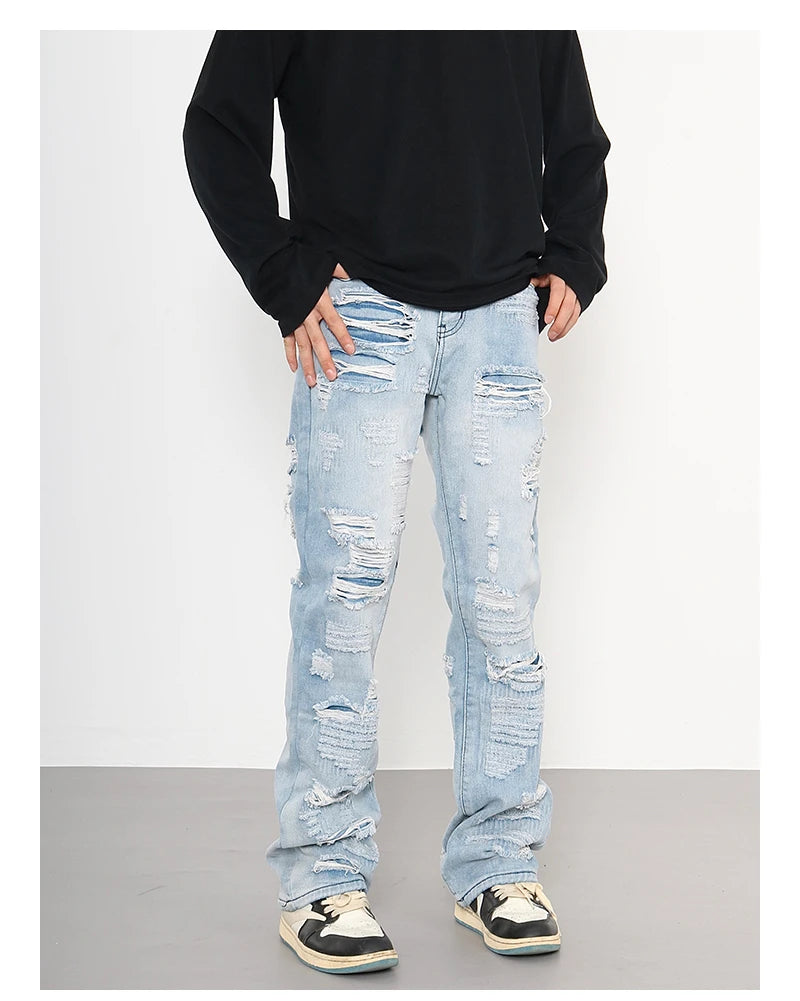 men distressed ripped destroied holes denim jean pants fashion zipper biker jeans streetwear flare pants joggers y2k men s jeans unique joggers style 2790