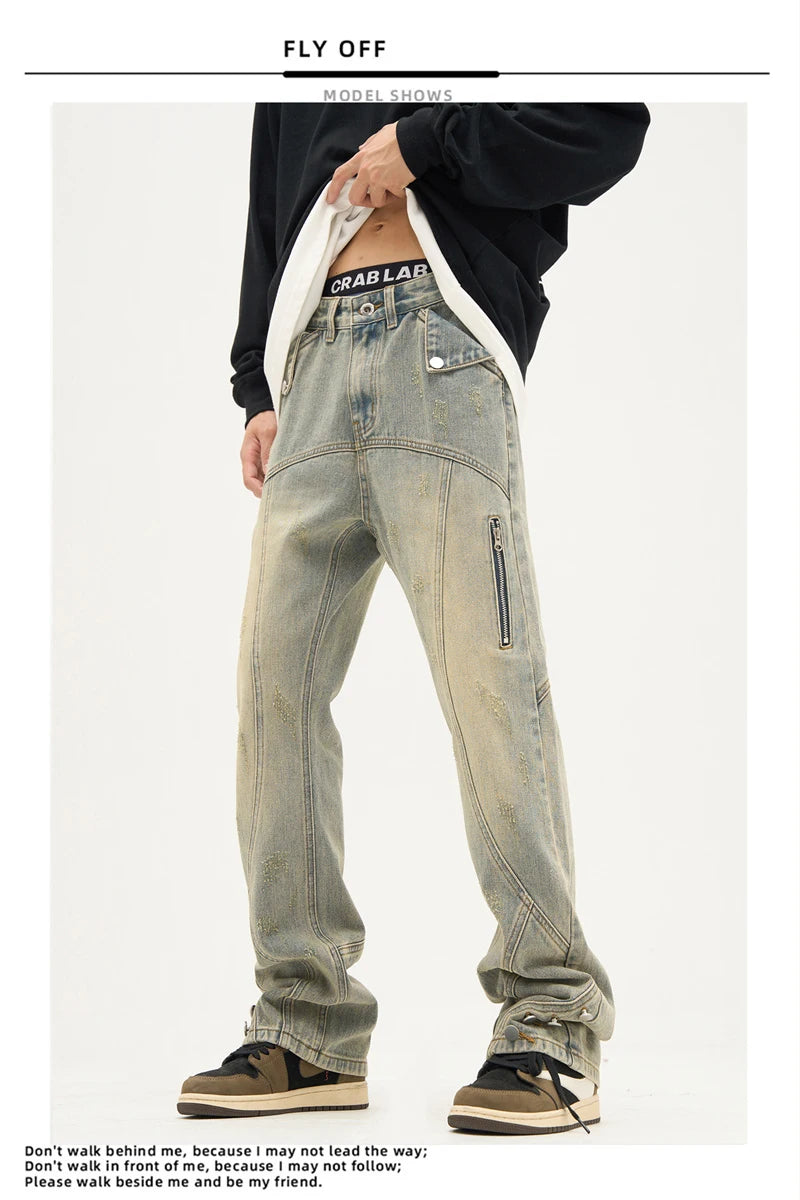 american high street retro straight jeans men casual patchwork y2k denim pants hip hop streetwear zipper baggy cargo jean unique cargo style 3123