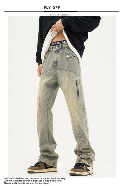 american high street retro straight jeans men casual patchwork y2k denim pants hip hop streetwear zipper baggy cargo jean unique cargo style 3123