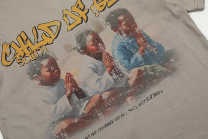 Saint T Shirt Prayer Child Nostalgia Vintage Printing Hip Hop Loose Casual Men Woman High Quality Tops Tee Street King Limited