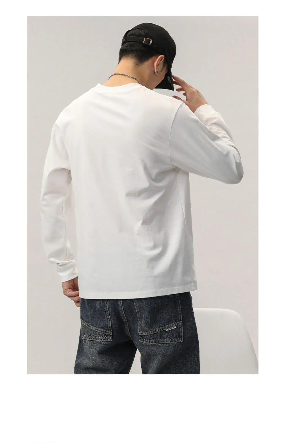 Cotton Long-Sleeved T-Shirt Men's Spring And Autumn Basic Solid Color Inner Loose Sweatshirt Men's White Bottoming Shirt Street King Limited