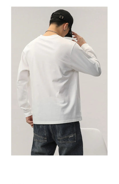 Cotton Long-Sleeved T-Shirt Men's Spring And Autumn Basic Solid Color Inner Loose Sweatshirt Men's White Bottoming Shirt Street King Limited