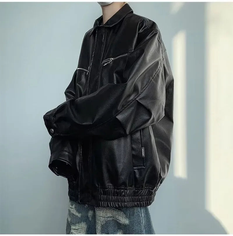 retro motorcycle pu leather jacket mens high street punk zipper decoration loose coats unisex hip hop fashion outwear spring unique default style 2053