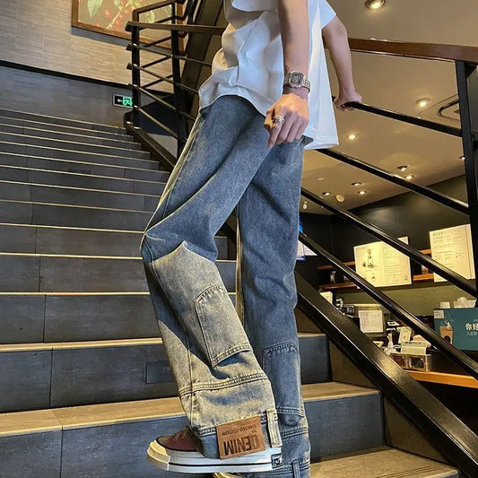 autumn vintage high street straight washed denim jeans for men and women trendy hip hop personality inverted loose casual pants stacked flare jeans