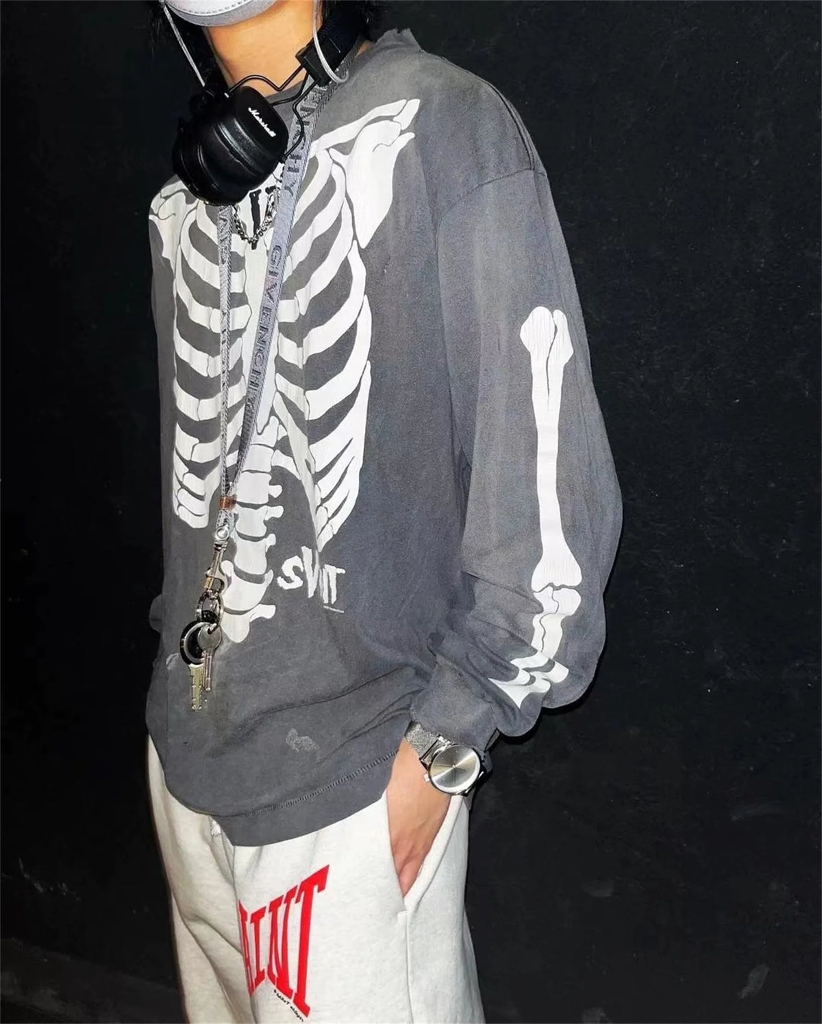 Vintage Retro Summer Skeleton round neck printed loose retro Sweater washed worn Pullover High-Street Long Sleeve Tee Street King Limited