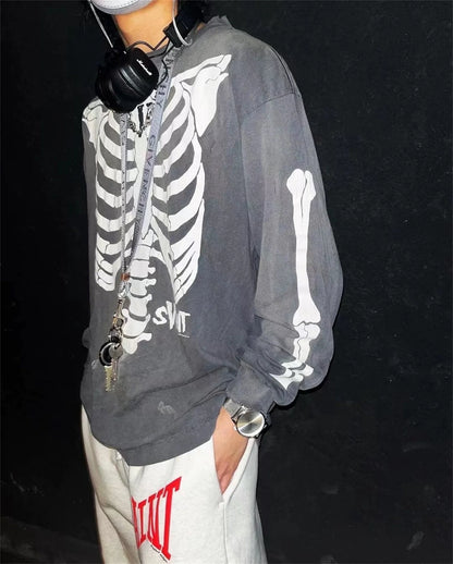 Vintage Retro Summer Skeleton round neck printed loose retro Sweater washed worn Pullover High-Street Long Sleeve Tee Street King Limited