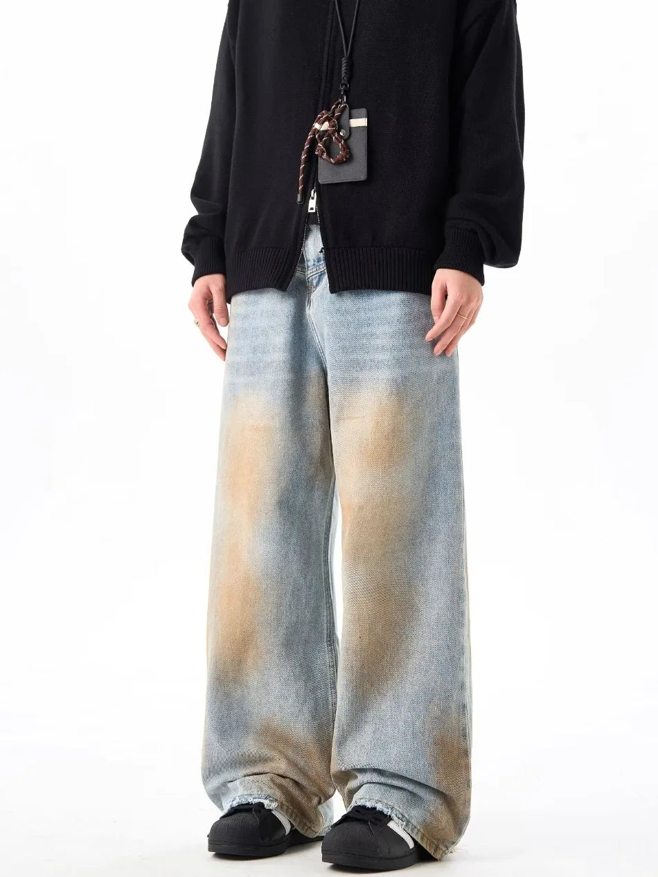 2024 High Street Washed Mens Jeans Gradient Color Blocking Hip Hop Blue Cowboy Pants Loose Straight Leg Denim Trousers Trend Street King Limited