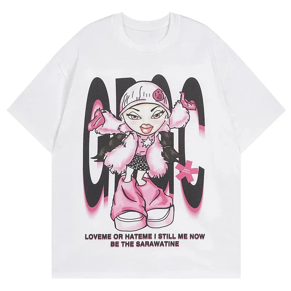 Men T Shirts Fun Cartoon Anime Character Print Tshirt American High Street Loose Casual Tees Y2k Hip Hop Couple Summer Tops Street King Limited