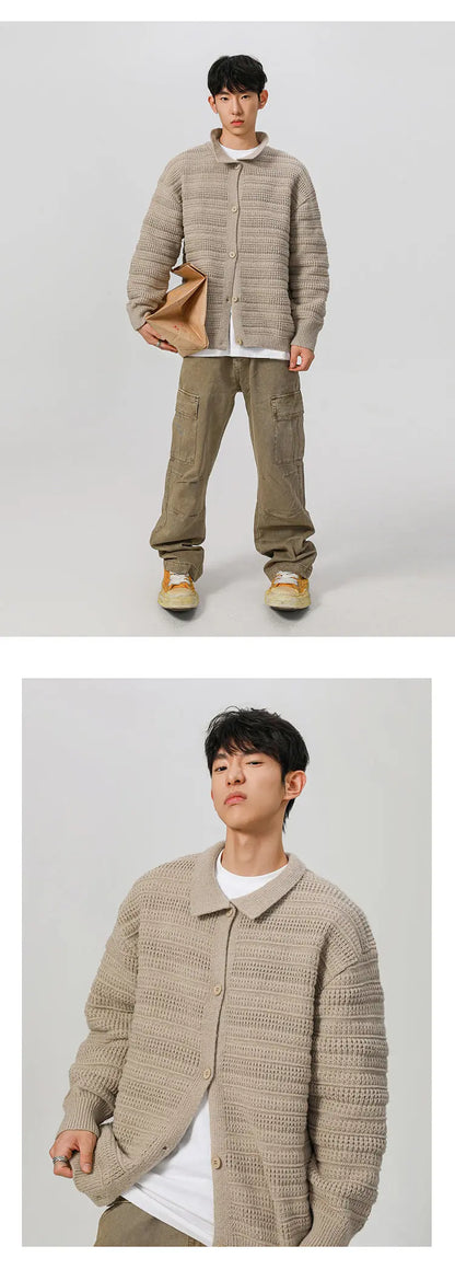 men streetwear fashion loose casual retro stripe knitted sweater cardigan jacket autumn knitwear jumper coat outerwear unique default style 1254
