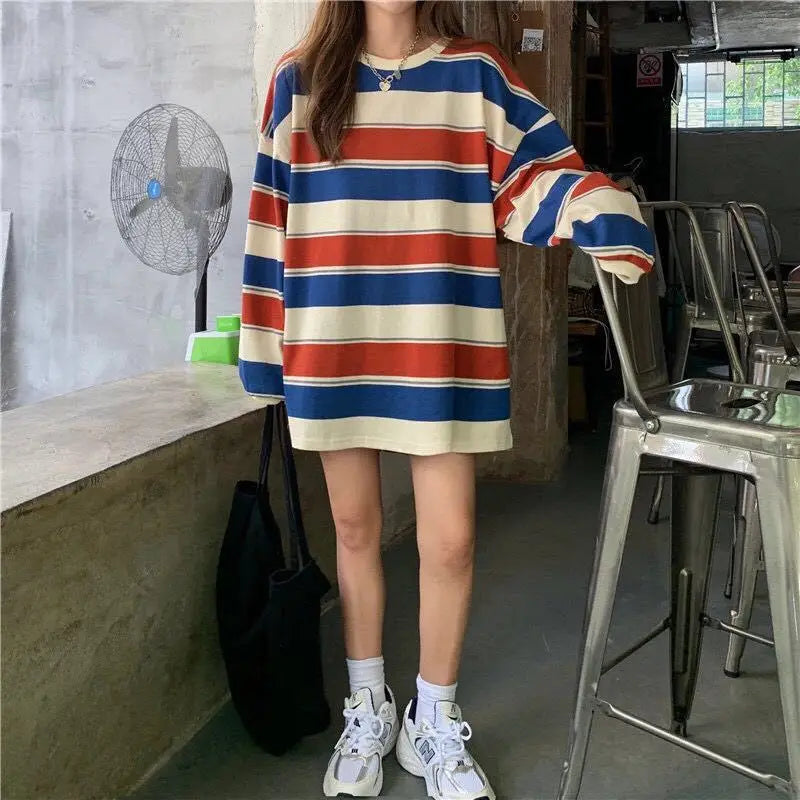 Women T shirts Striped Sweatshirt Thin tops 2024 Spring Women's Clothing Korean Fashion Couples Long Sleeve Teed y2k Pullovers Street King Limited