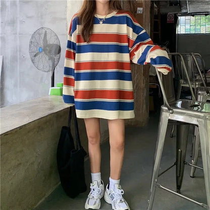 Women T shirts Striped Sweatshirt Thin tops 2024 Spring Women's Clothing Korean Fashion Couples Long Sleeve Teed y2k Pullovers Street King Limited