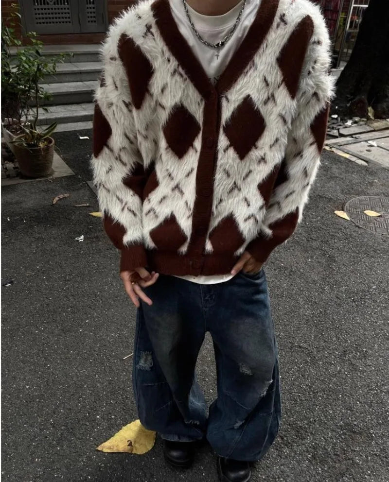 2024 New College Casual Mens Cardigan Autumn Diamond Grid Color Block Street Unisex Knitted Jacket Loose V-neck Sweater Coats Street King Limited