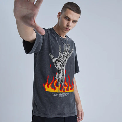 Rainbowtouches Washed Men's New T Shirt Vintage Unisex Hand Print Design Shirt High Street Graphic Fashion Loose Mens T Shirts Street King Limited