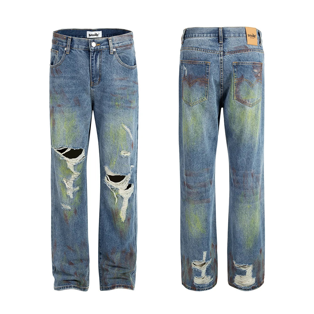 green painted hole washed blue baggy jeans mens streetwear distressed casual loose denim trousers ropa hombre frayed cargo pants combat utility trousers
