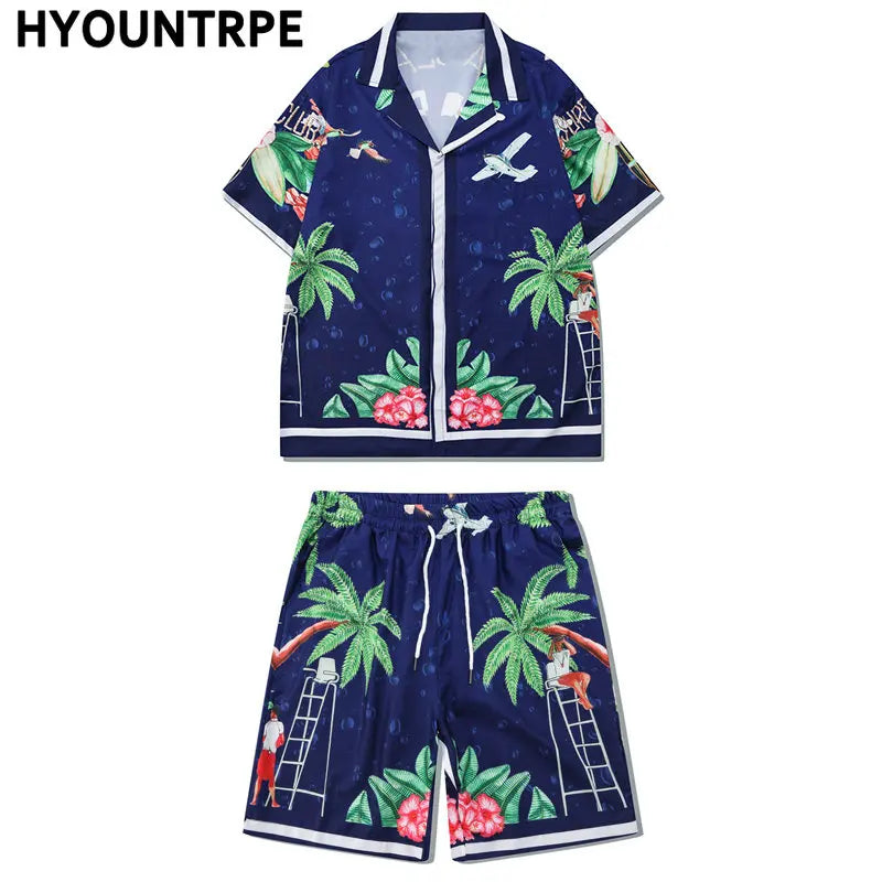 2 Pieces Sets Harajuku Printed Short Sleeves Shirts and Elastic Waist Shorts Joggers Summer Beach Streetwear Hip Hop Mens Sets Street King Limited