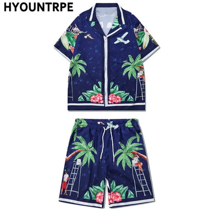 2 Pieces Sets Harajuku Printed Short Sleeves Shirts and Elastic Waist Shorts Joggers Summer Beach Streetwear Hip Hop Mens Sets Street King Limited