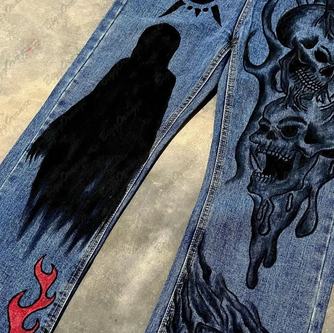 european and american super hot devil pattern pants printed jeans high street hip hop versatile loose vintage blue denim pants denim street jeans