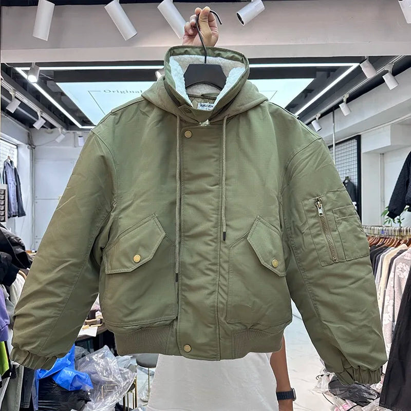 2024AW new cotton dress solid color hooded multi-pocket jacket Street King Limited