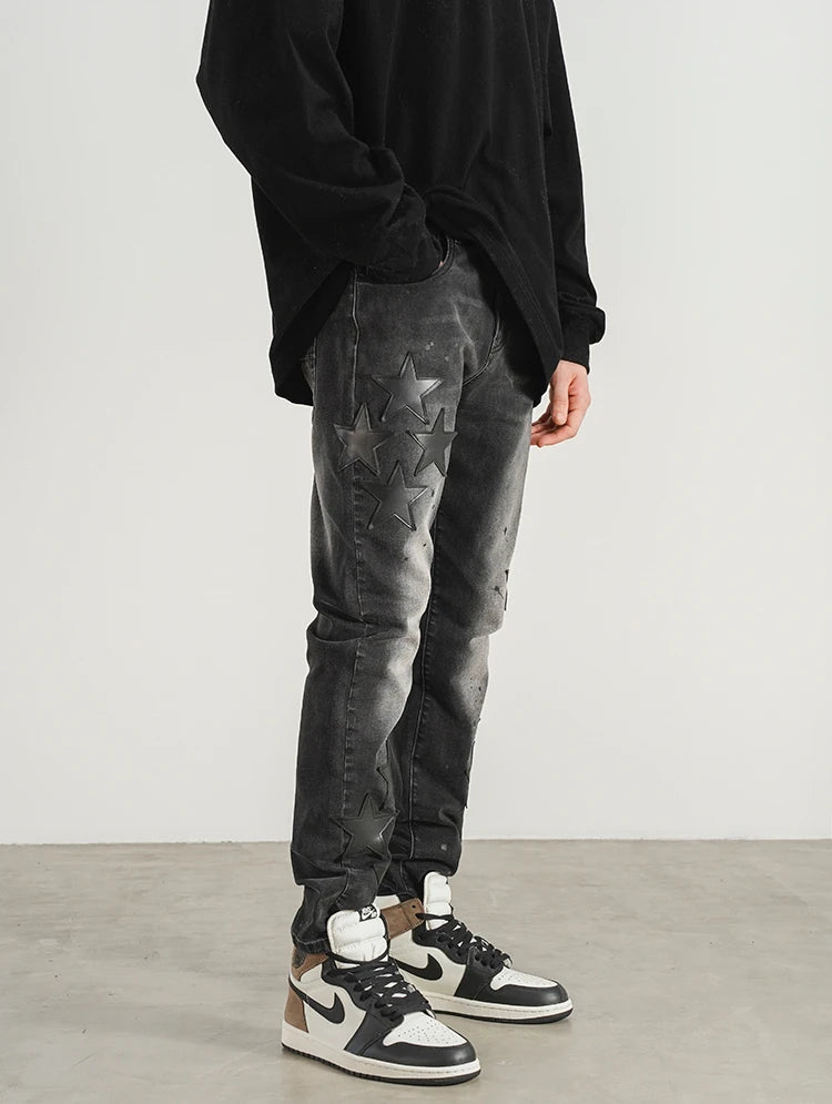 star appliques denim jeans skinny trousers slim fit men new casual biker jeans fashion streetwear hip hop trousers pants joggers unique joggers style 2549