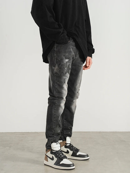 star appliques denim jeans skinny trousers slim fit men new casual biker jeans fashion streetwear hip hop trousers pants joggers unique joggers style 2549