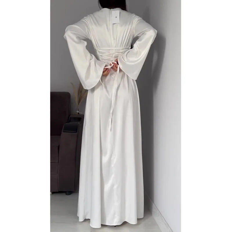 2024 Women Satin Long Dresses Sexy Lace Up Slim Evening Dresses Simple Round Neck Flare Sleeve Birthday Party Dresses For Women Street King Limited