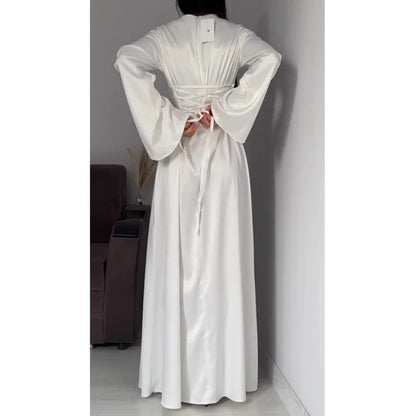 2024 Women Satin Long Dresses Sexy Lace Up Slim Evening Dresses Simple Round Neck Flare Sleeve Birthday Party Dresses For Women Street King Limited