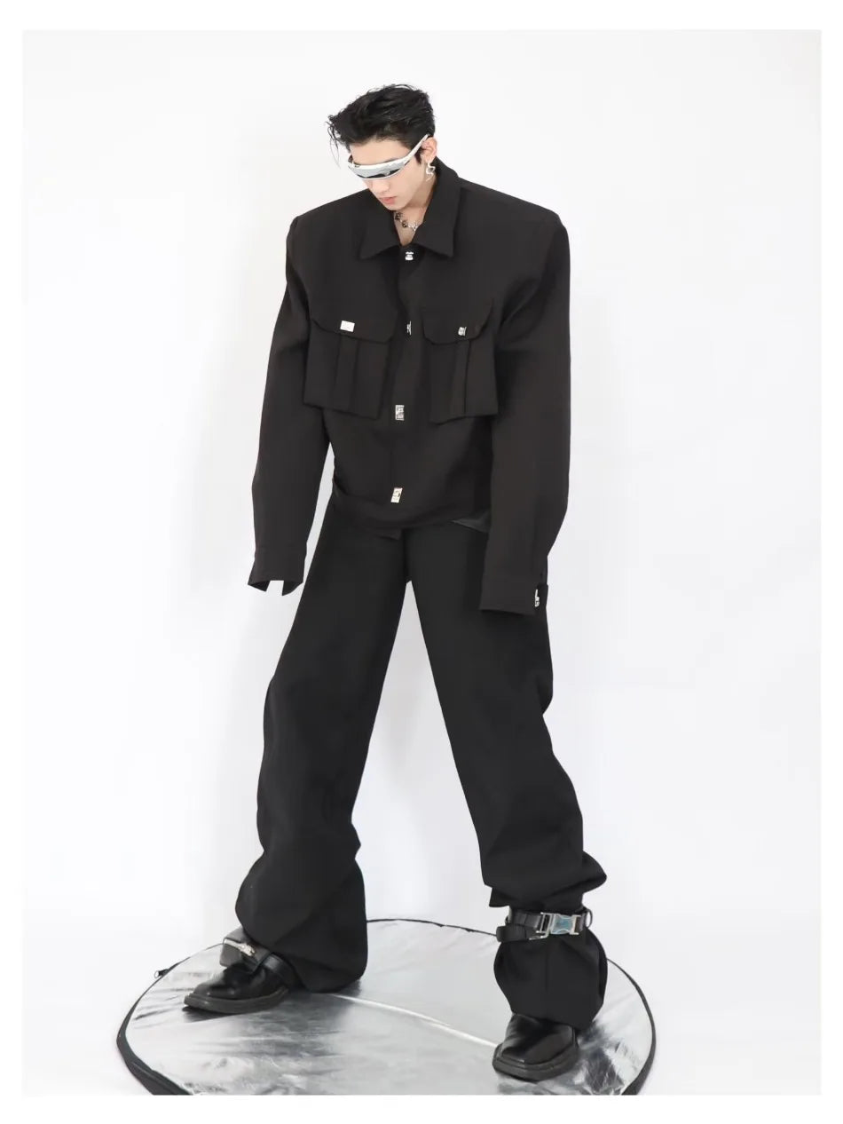 trendy high street jacket mens unisex metal button shoulder pad short coats multi pocket punk hip hop loose outwear oversized unique shorts style 3543