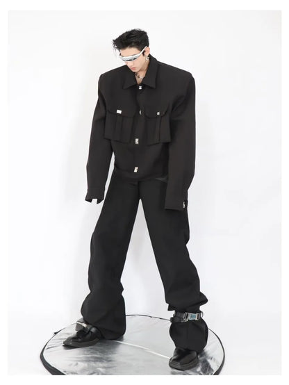 trendy high street jacket mens unisex metal button shoulder pad short coats multi pocket punk hip hop loose outwear oversized unique shorts style 3543