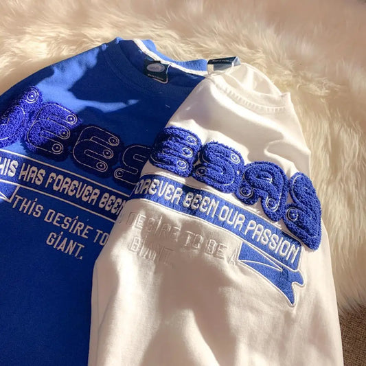 Retro Klein Blue Flocking Embroidery T Shirts Fashion Preppy Oversized Short Sleeve Tops 2022 Summer Large 3XL Casual Men Women Street King Limited