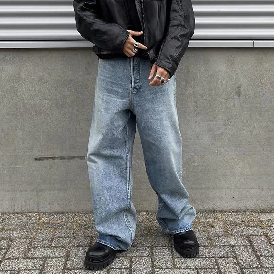 hi street blue jeans men loose wide leg denim pants vintage harajuku streetwear jeans trousers for male unique jeans style 5185