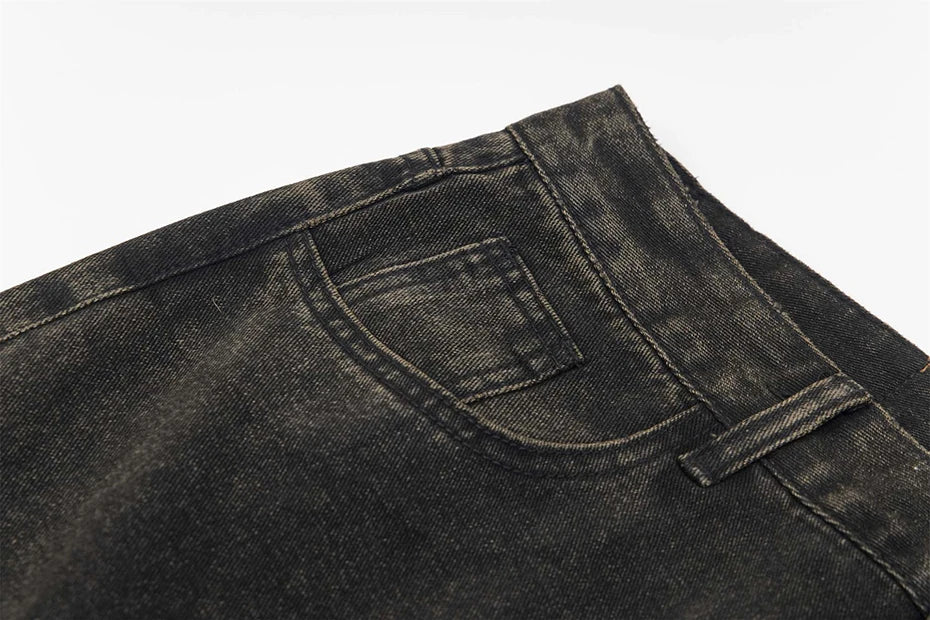 vintage black mens jeans patchwork hip hop baggy jeans man streetwear harajuku loose straight denim pants unique jeans style 4193