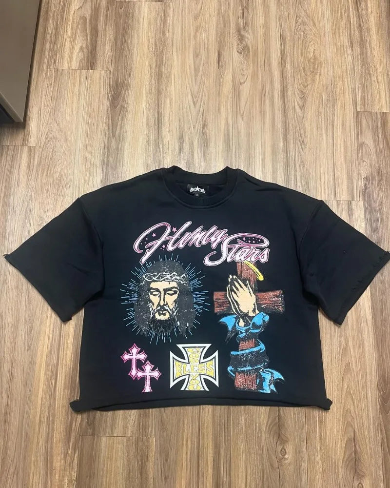 Trendy Brand Fashion Versatile Loose Half-sleeved Top Men Y2k Harajuku Hip-hop Rock Anime Cartoon Printed Short-sleeved T-shirt Street King Limited