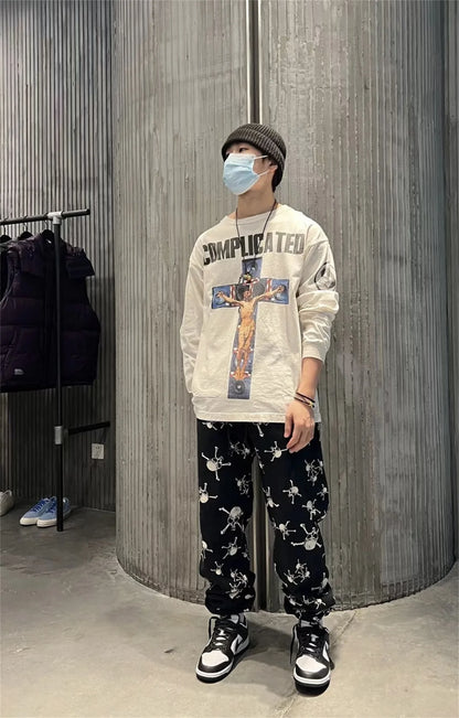 Summer 24ss Cross Print Brand Fashion Round Neck High-Street Round Neck Cotton Long Sleeve T Shirt Pullover Street King Limited