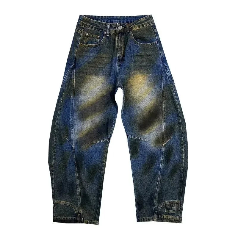 autumn hip hop graffiti painted baggy jeans mens y2l streetwear wide leg denim pants punk fashion distressed gradient jean unique jeans style 266