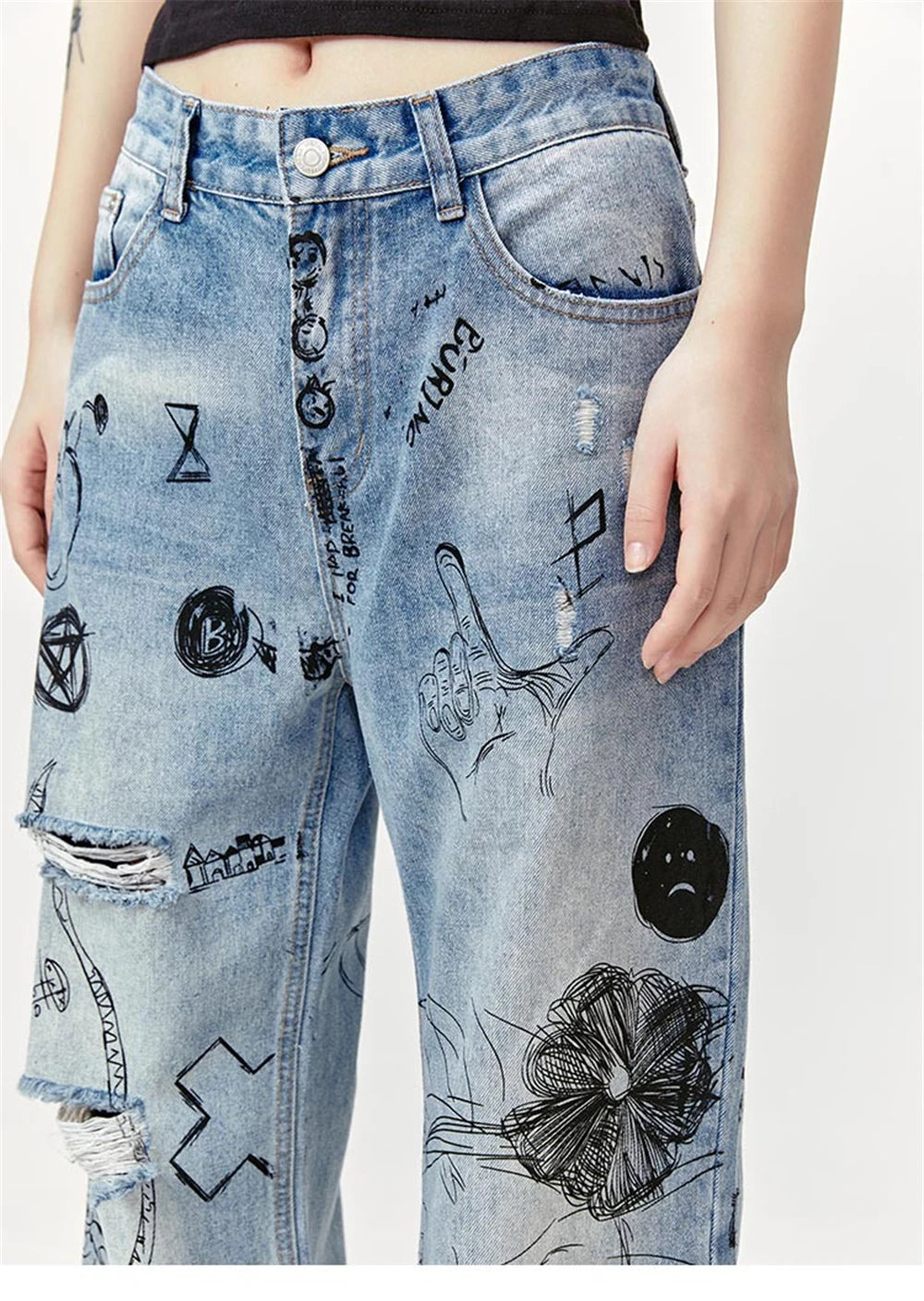 men baggy ripped jeans graffiti printed straight denim pants distressed jeans male streetwear hip hop jeans trousers y2k unique jeans style 5510