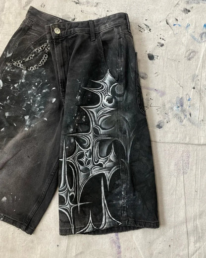 y2k american street retro graffiti anime print oversized denim shorts men shorts high waist fashion loose casual wide leg pants unique jeans style 3374