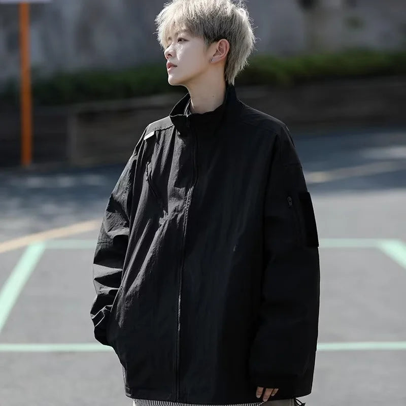 Outdoor Mens Charge Jacket Retro Loose Stand Collar Waterproof Tooling Coats Thin Color Blocked Zipper Hiking Windbreaker Street King Limited