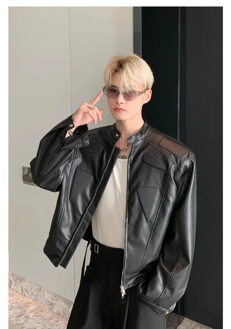 high street motorcycle pu leather jacket men hip hop trend shoulder padded coat street fashion stand collar zipper short outwear unique shorts style 1954