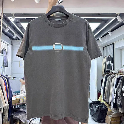 New Vintage Wash T Shirts Men Woman Abstract Luminescence Blue Ribbon Future Warrior Printing Loose Casual Top Tees Street King Limited