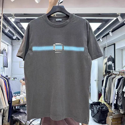 New Vintage Wash T Shirts Men Woman Abstract Luminescence Blue Ribbon Future Warrior Printing Loose Casual Top Tees Street King Limited