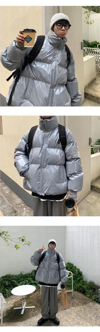 Winter Jacket Men Parkas Thicken Warm Coat Stand Collar Oversize Parkas Bright Leather Fabric Jacket Korean Style Padded Coat Street King Limited
